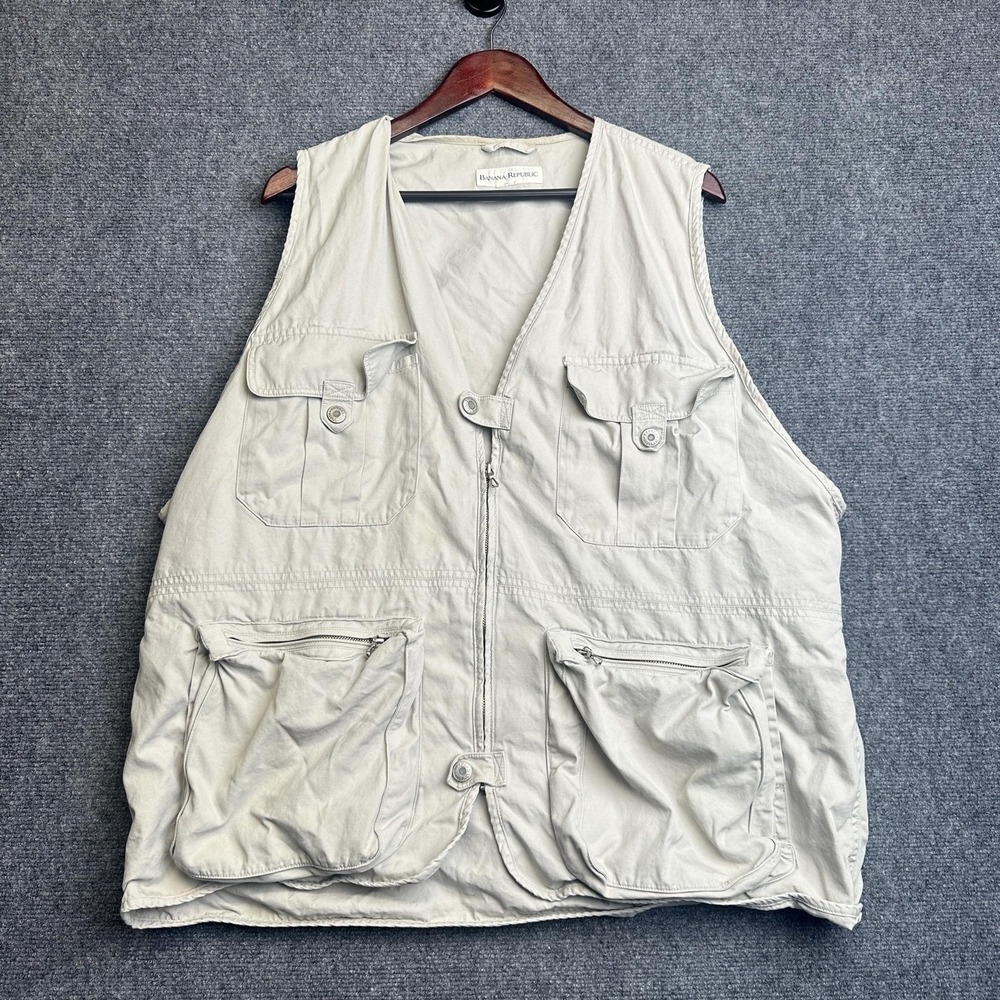 Banana Republic Vest Mens 2XL Beige Utility Safari Travel Zip Pockets Outdoor